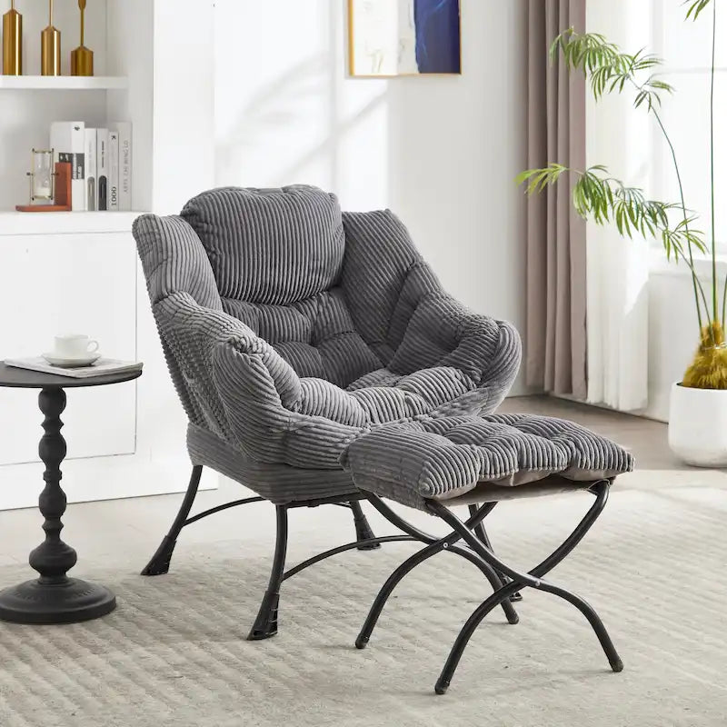Fauteuil de salon compact moderne avec pouf, accoudoir, poche de rangement, pour petits espaces