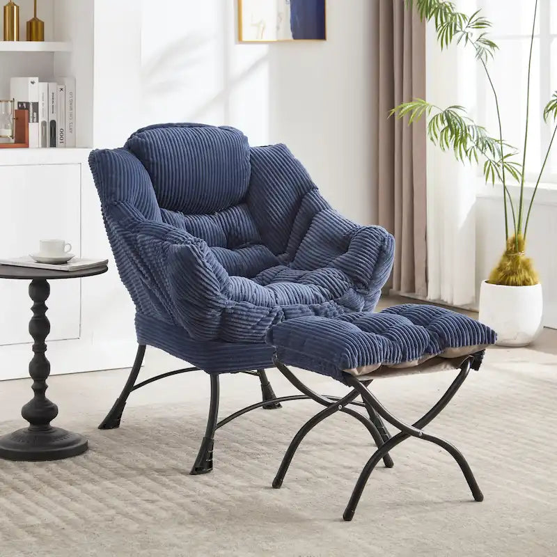 Fauteuil de salon compact moderne avec pouf, accoudoir, poche de rangement, pour petits espaces