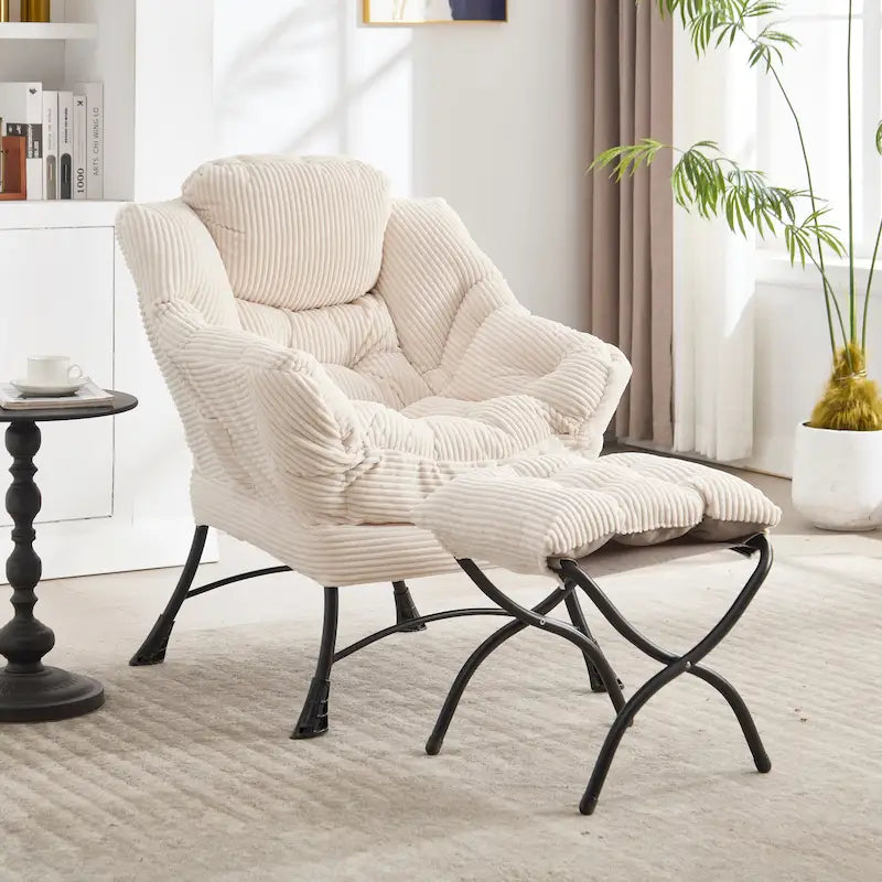 Fauteuil de salon compact moderne avec pouf, accoudoir, poche de rangement, pour petits espaces