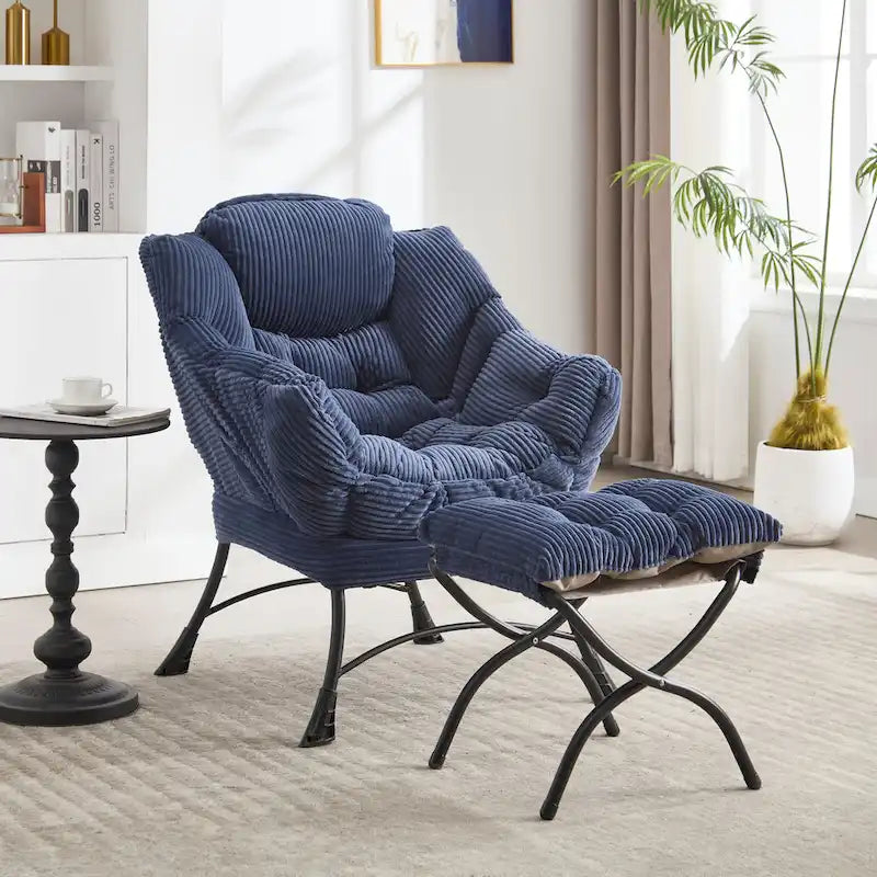 Fauteuil de salon compact moderne avec pouf, accoudoir, poche de rangement, pour petits espaces