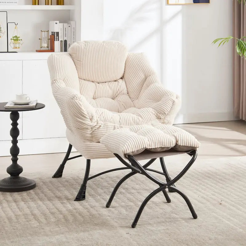 Fauteuil de salon compact moderne avec pouf, accoudoir, poche de rangement, pour petits espaces