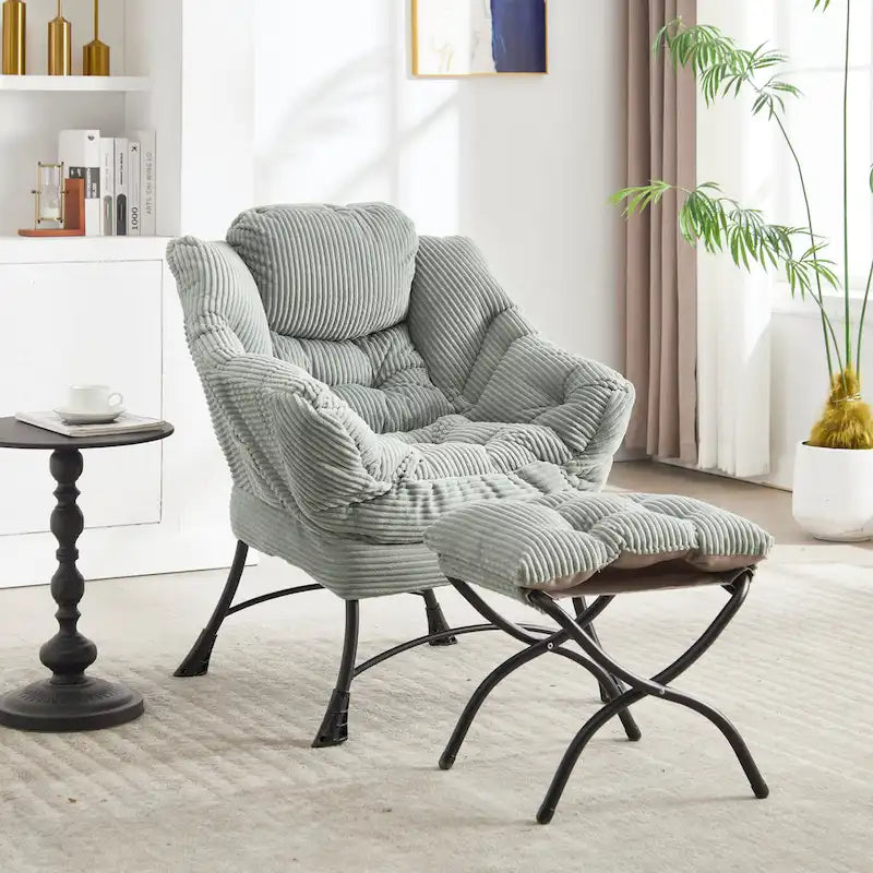 Fauteuil de salon compact moderne avec pouf, accoudoir, poche de rangement, pour petits espaces