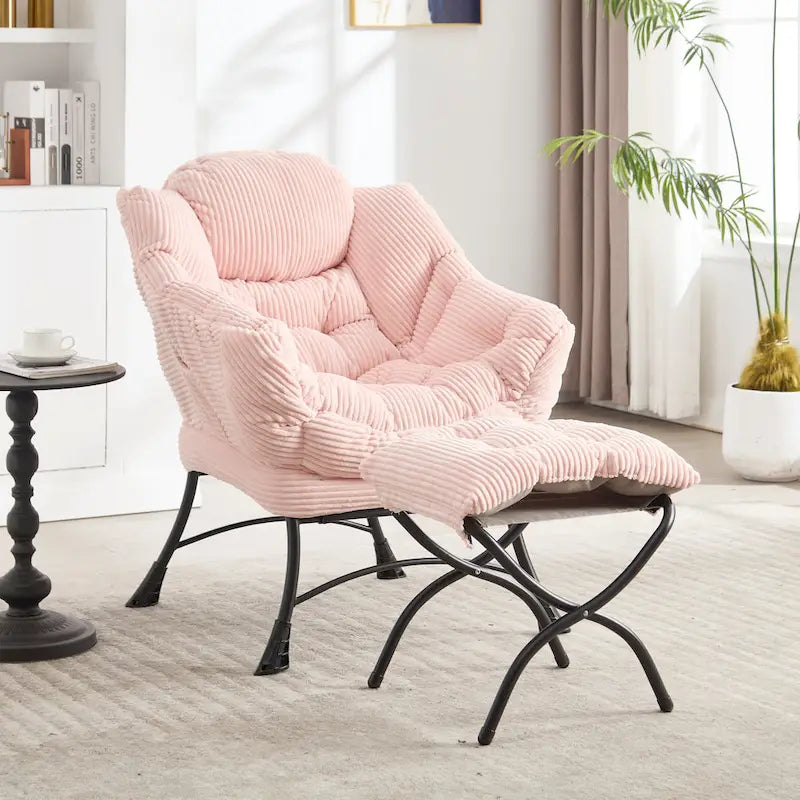 Fauteuil de salon compact moderne avec pouf, accoudoir, poche de rangement, pour petits espaces