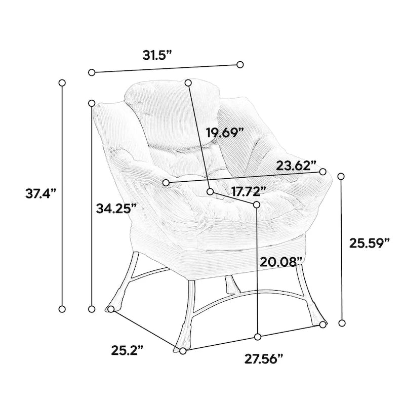 Fauteuil de salon compact moderne avec pouf, accoudoir, poche de rangement, pour petits espaces