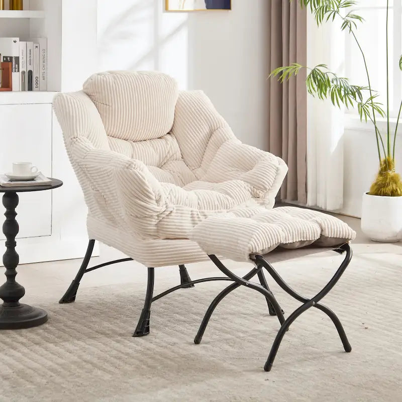 Fauteuil de salon compact moderne avec pouf, accoudoir, poche de rangement, pour petits espaces