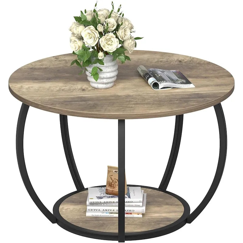 Table basse de ferme ronde avec rangement et pieds réglables pour petits espaces