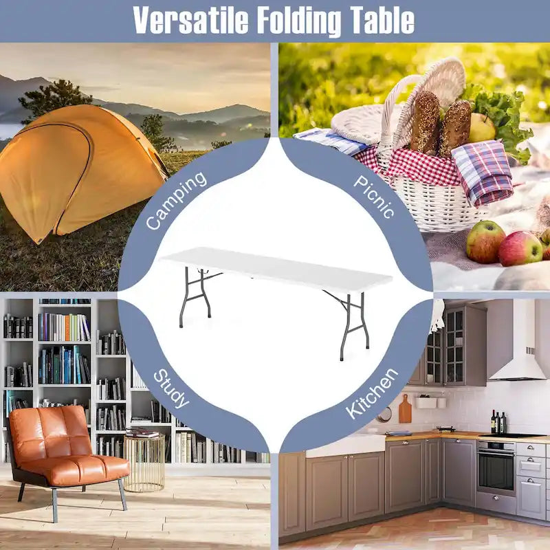 Table pliante portable de 2,4 m avec plateau en PEHD et verrouillage de sécurité
