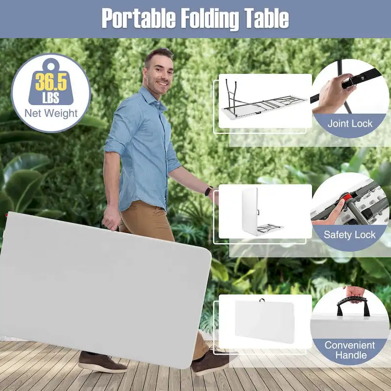 Table pliante portable de 2,4 m avec plateau en PEHD et verrouillage de sécurité