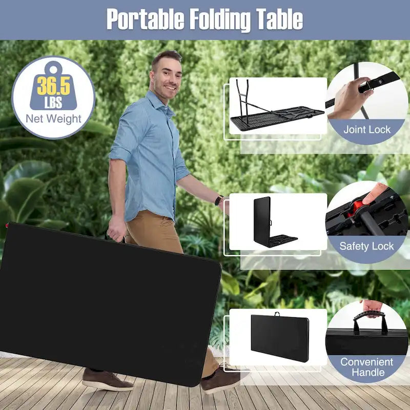 Table pliante portable de 2,4 m avec plateau en PEHD et verrouillage de sécurité