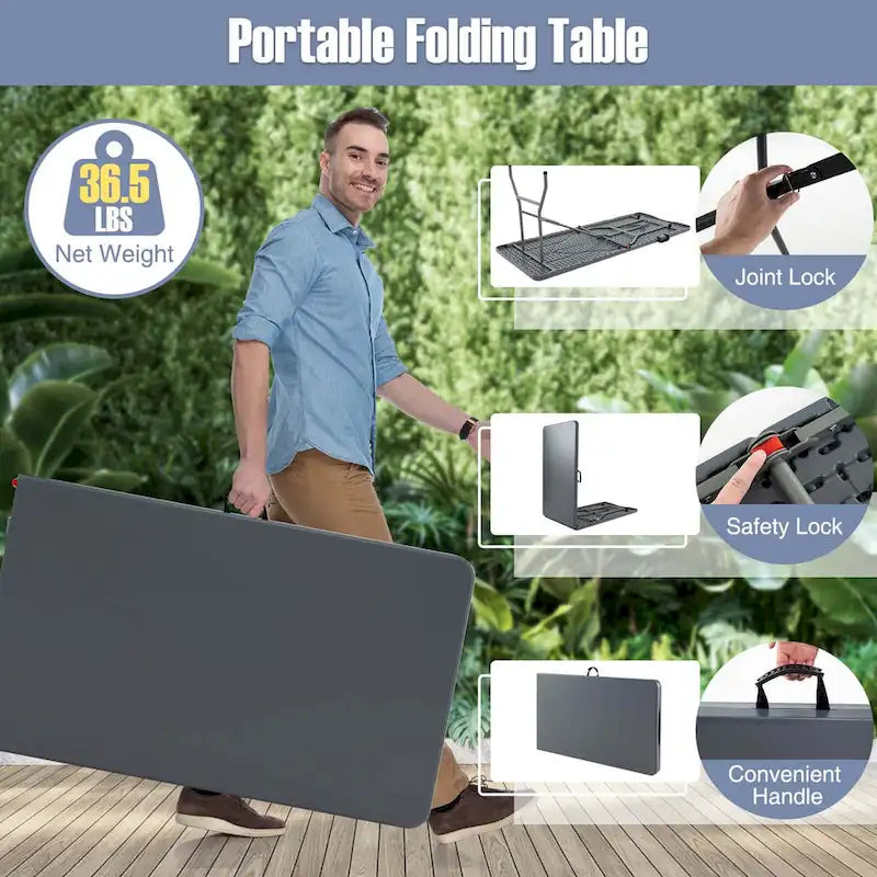 Table pliante portable de 2,4 m avec plateau en PEHD et verrouillage de sécurité
