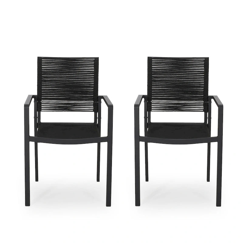 Chaise de salle à manger d'extérieur, métal noir, assise et dossier en corde tressée