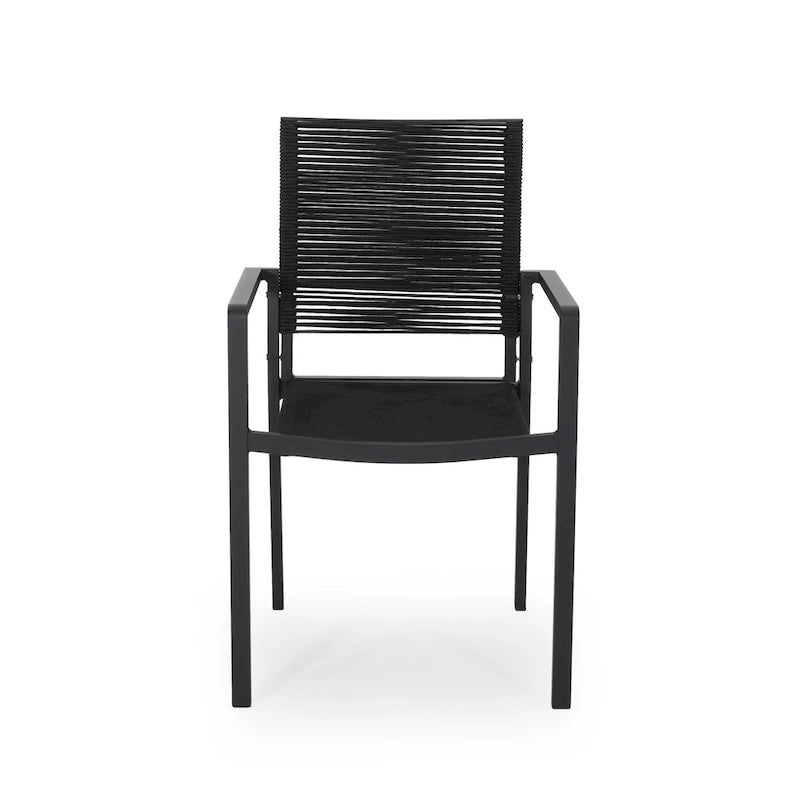 Chaise de salle à manger d'extérieur, métal noir, assise et dossier en corde tressée