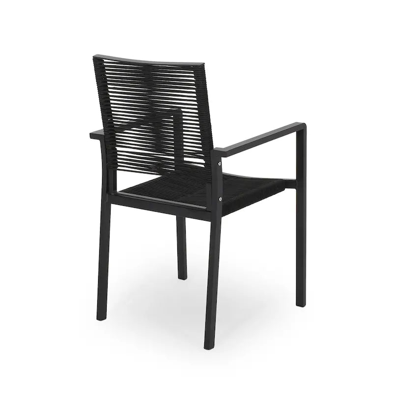Chaise de salle à manger d'extérieur, métal noir, assise et dossier en corde tressée