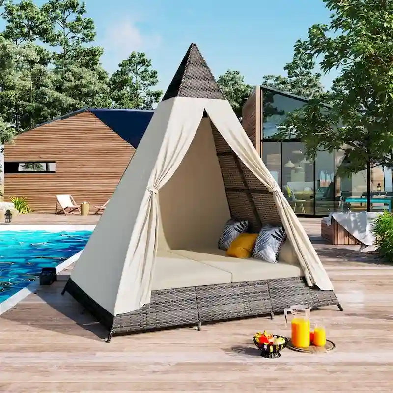 Bain de soleil d'extérieur en osier de 229,8 cm de long avec oreillers et coussins
