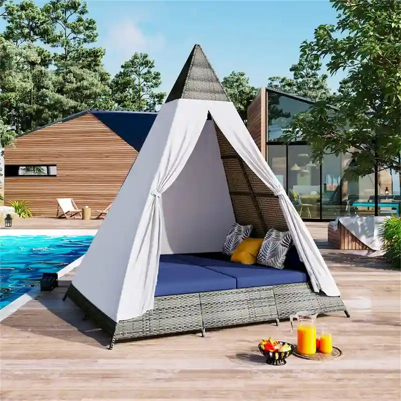 Bain de soleil d'extérieur en osier de 229,8 cm de long avec oreillers et coussins