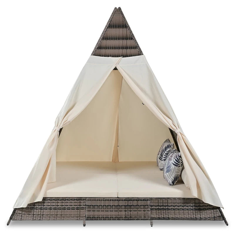 Bain de soleil d'extérieur en osier de 229,8 cm de long avec oreillers et coussins