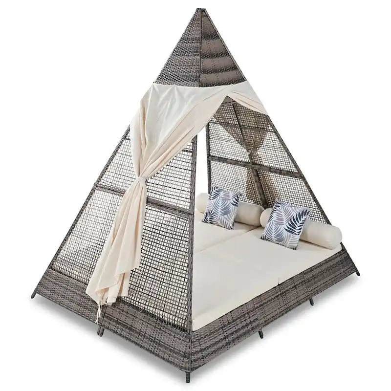 Bain de soleil d'extérieur en osier de 229,8 cm de long avec oreillers et coussins
