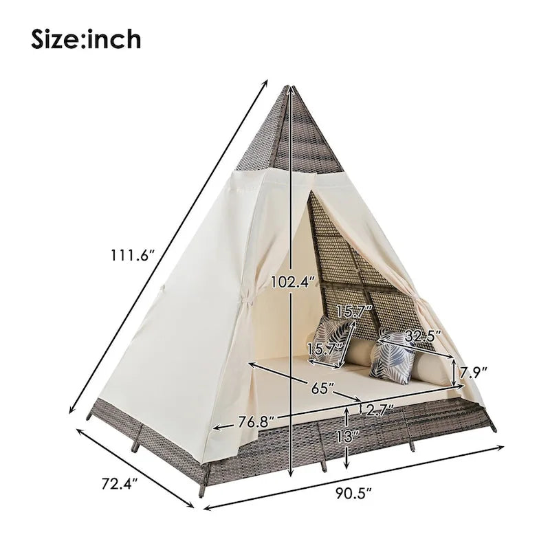 Bain de soleil d'extérieur en osier de 229,8 cm de long avec oreillers et coussins