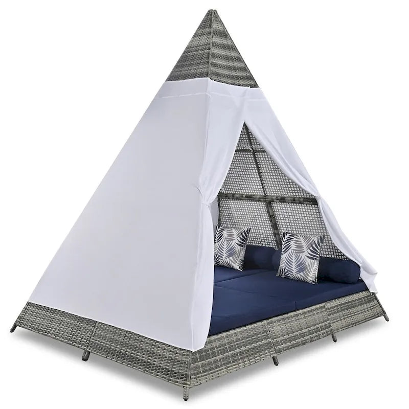 Bain de soleil d'extérieur en osier de 229,8 cm de long avec oreillers et coussins