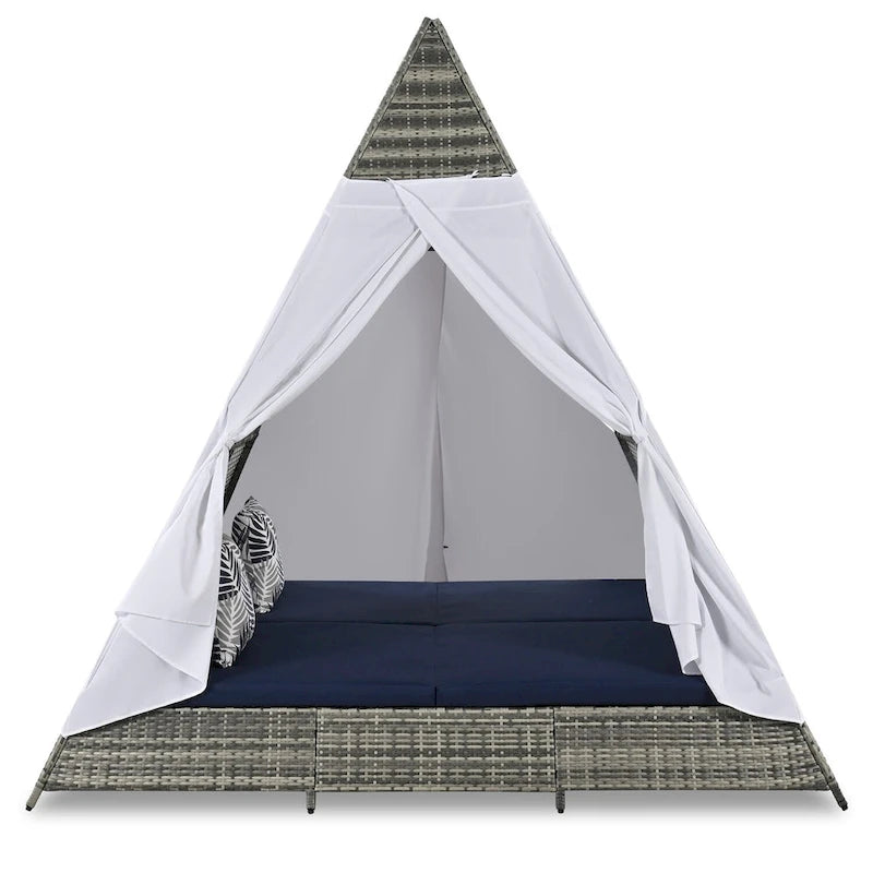 Bain de soleil d'extérieur en osier de 229,8 cm de long avec oreillers et coussins