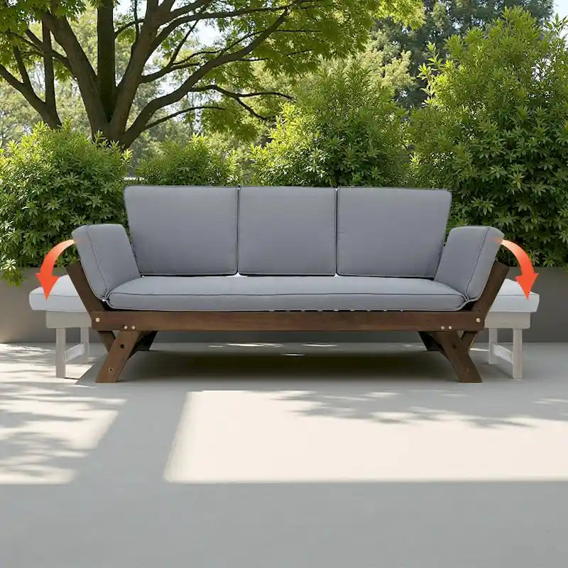 Outdoor Patio Solid Wood Daybed Sofa with Adjustable Armrests