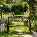 Banc de jardin extérieur en métal avec assise à lattes pour parc, porche, cour, entrée, noir