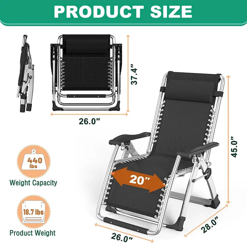 Chaise longue pliante d'extérieur gravité zéro avec tapis, tablette et oreiller