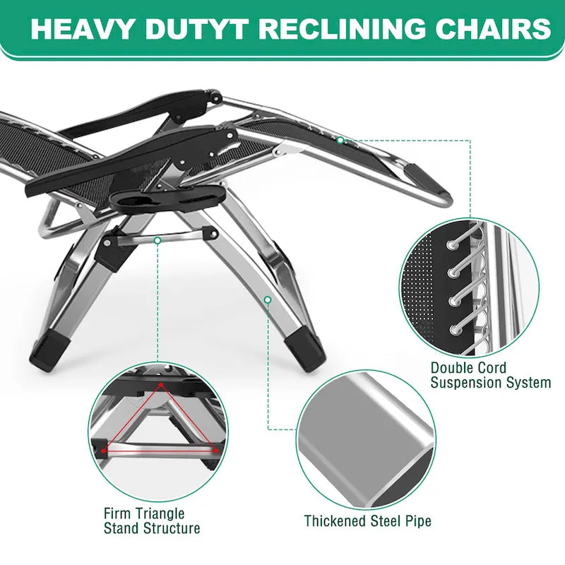Chaise longue pliante d'extérieur gravité zéro avec tapis, tablette et oreiller