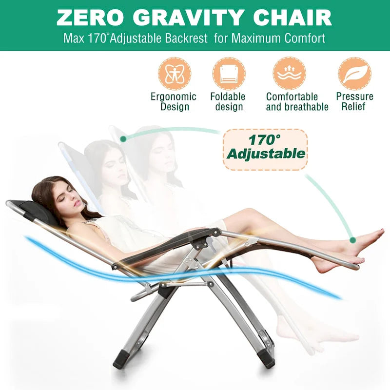Chaise longue pliante d'extérieur gravité zéro avec tapis, tablette et oreiller