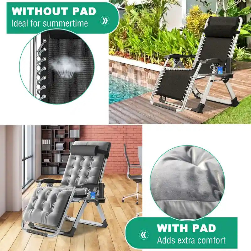 Chaise longue pliante d'extérieur gravité zéro avec tapis, tablette et oreiller