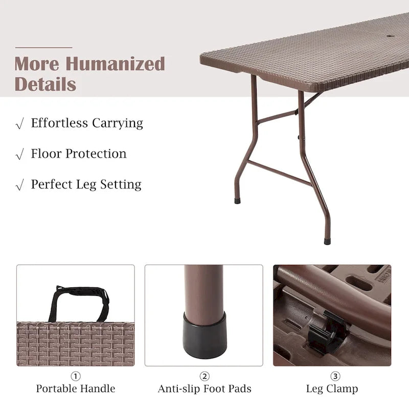 Table pliante d'intérieur et d'extérieur, table portative en rotin avec poignée