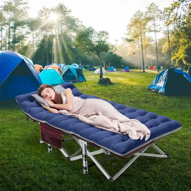 Lit de couchage portable pour l'extérieur, lit de camp robuste, bleu