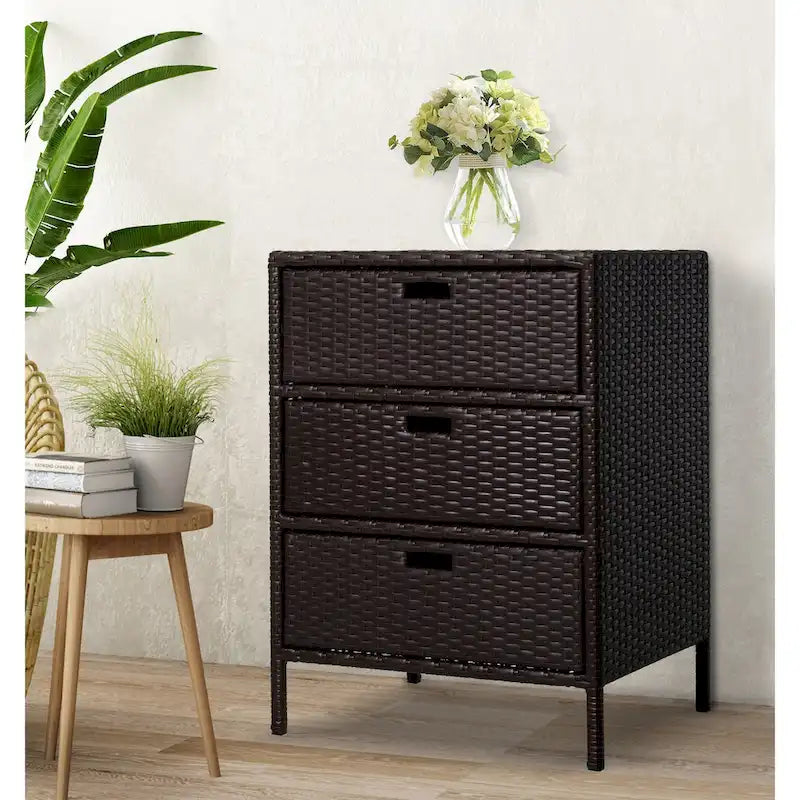 Outsunny 32  Poolside Rattan Wicker Patio Organizer Storage Cabinet with 3 Large Drawers & Weather-Fighting Materials