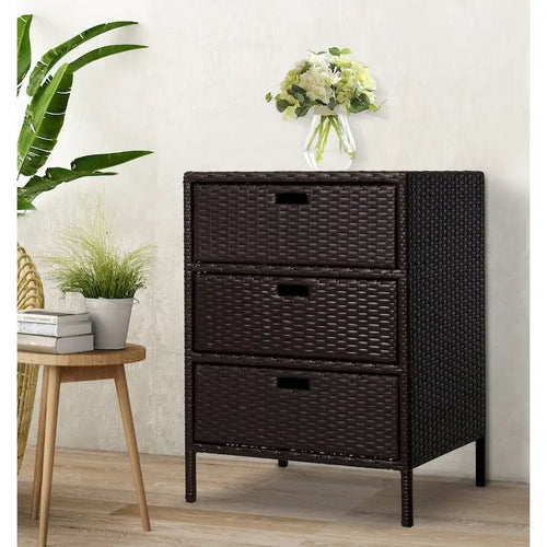 Outsunny 32  Poolside Rattan Wicker Patio Organizer Storage Cabinet with 3 Large Drawers & Weather-Fighting Materials