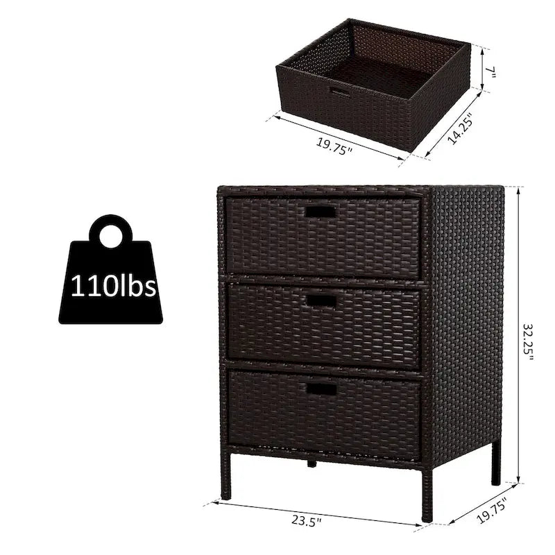 32 Armoire de rangement d'extérieur en rotin tressé avec 3 grands tiroirs et matériaux résistants aux intempéries