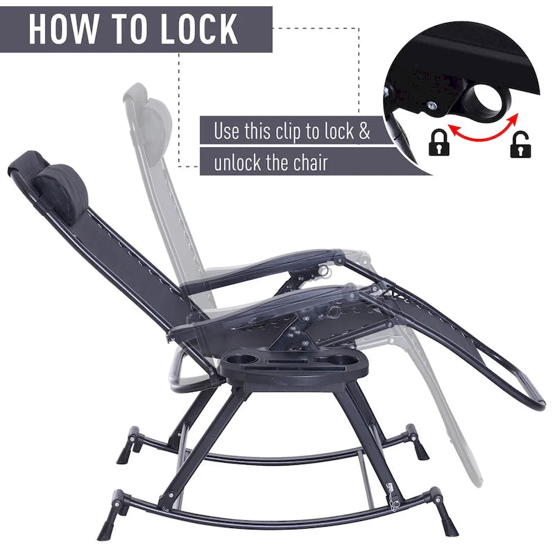 Chaise longue à bascule pliable Zéro Gravité avec porte-gobelet – Noir