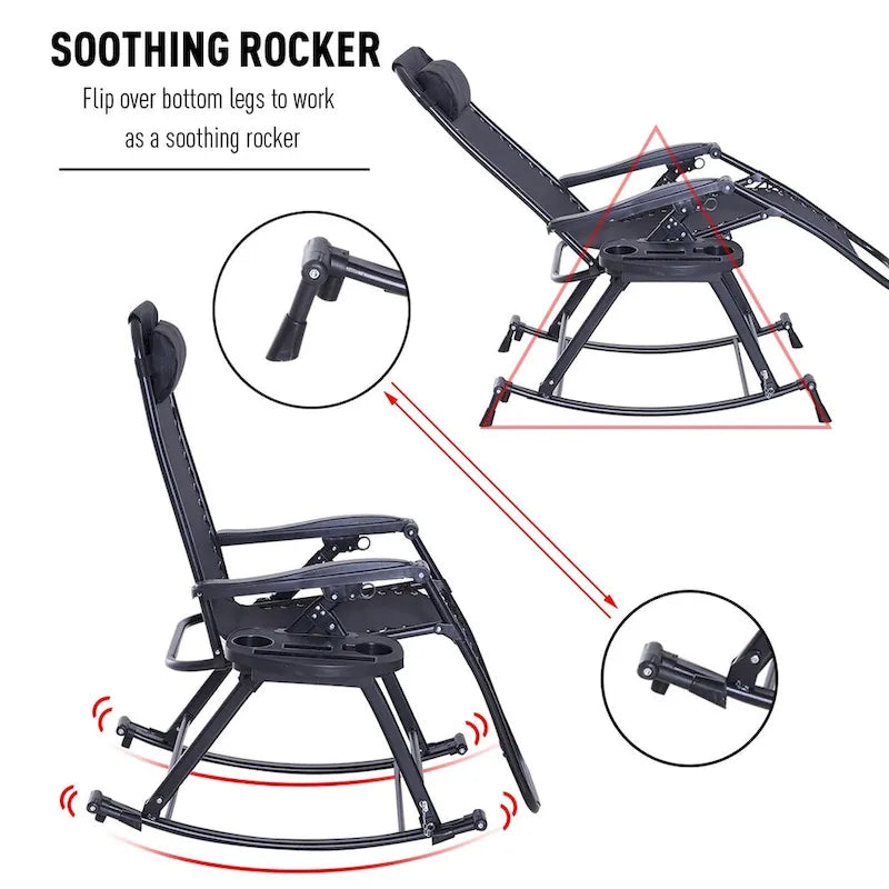 Chaise longue à bascule pliable Zéro Gravité avec porte-gobelet – Noir