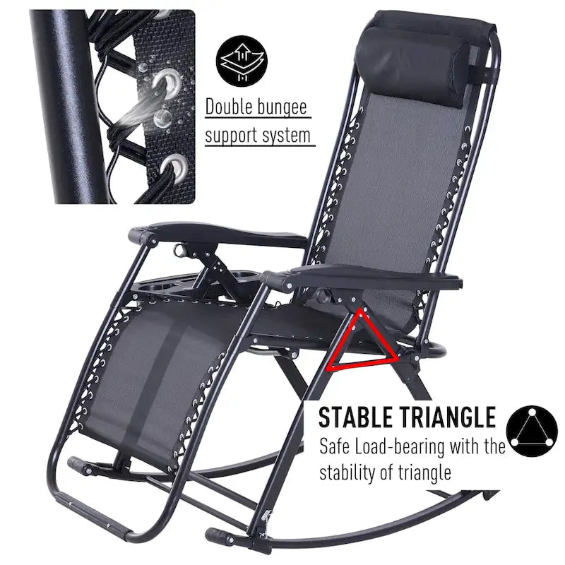 Chaise longue à bascule pliable Zéro Gravité avec porte-gobelet – Noir
