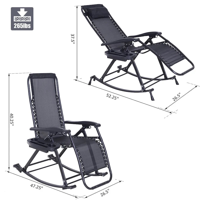 Chaise longue à bascule pliable Zéro Gravité avec porte-gobelet – Noir