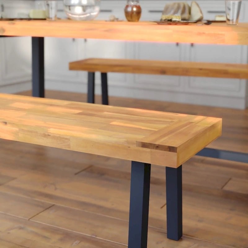 Banc à lattes en bois d'acacia massif avec pieds en bois pour l'intérieur et l'extérieur