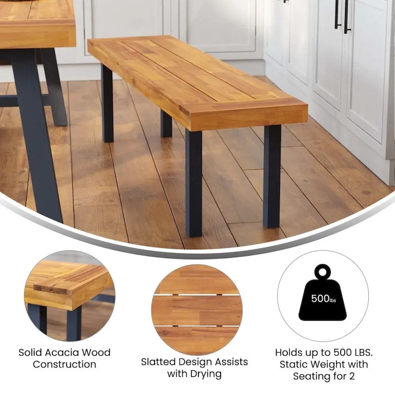 Banc à lattes en bois d'acacia massif avec pieds en bois pour l'intérieur et l'extérieur