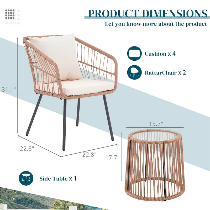 Table et chaises de patio en rotin pour balcon, pelouse, jardin