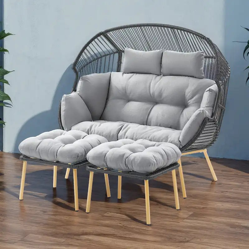 Fauteuil double œuf en osier 2 places avec 2 poufs – Jaune