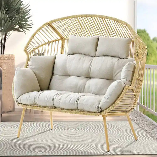 Fauteuil double œuf en osier 2 places avec 2 poufs – Jaune