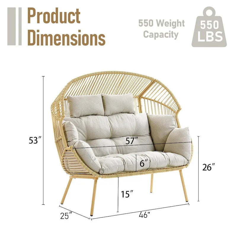 Fauteuil double œuf en osier 2 places avec 2 poufs – Jaune