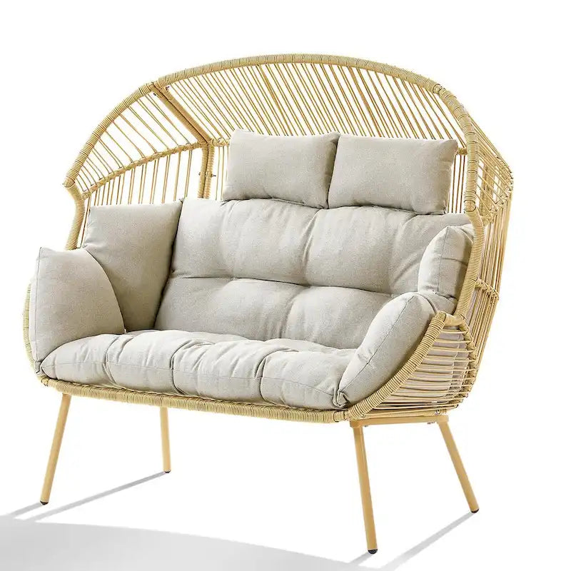 Fauteuil double œuf en osier 2 places avec 2 poufs – Jaune