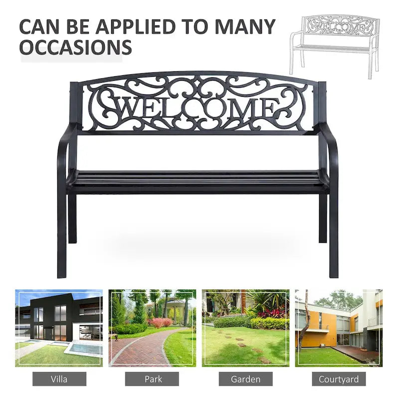 Banc de jardin extérieur en métal avec assise à lattes pour parc, porche, cour, entrée, noir