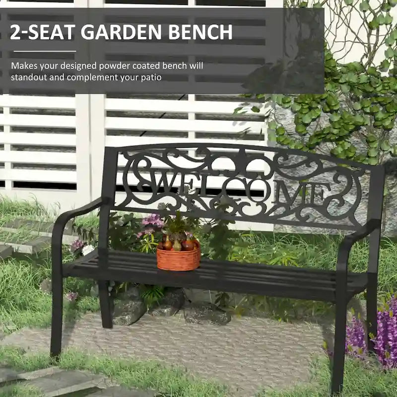 Banc de jardin extérieur en métal avec assise à lattes pour parc, porche, cour, entrée, noir