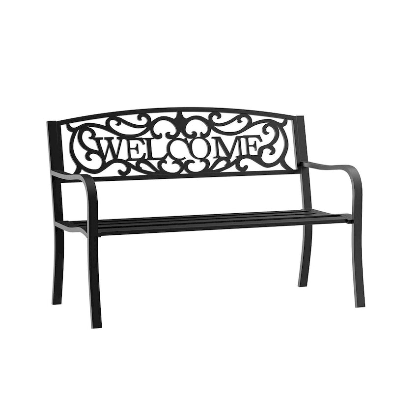 Banc de jardin extérieur en métal avec assise à lattes pour parc, porche, cour, entrée, noir