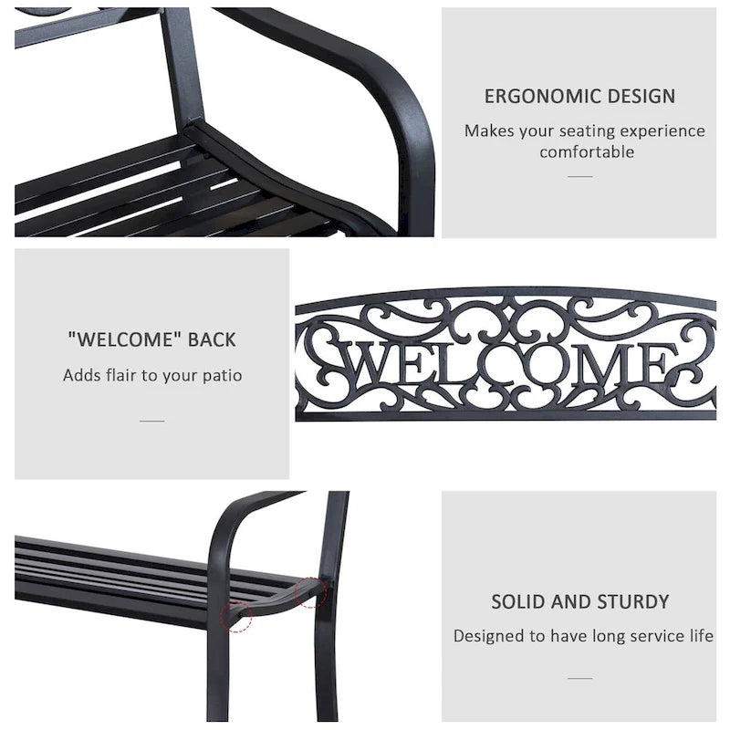 Banc de jardin extérieur en métal avec assise à lattes pour parc, porche, cour, entrée, noir
